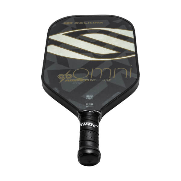 Top-down view of a black pickleball paddle with gold and white stripes, Omni text, and a textured grip.