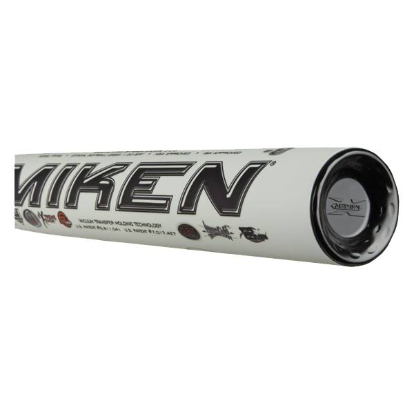 Side view of a white Miken bat with black lettering and a black end cap.