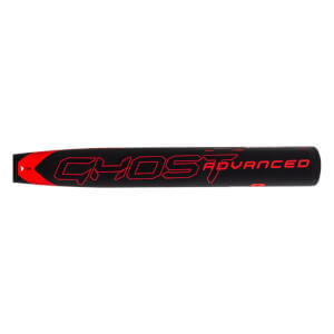 Close-up of a black fastpitch softball bat barrel with red GHOST ADVANCED text and a red chevron design.