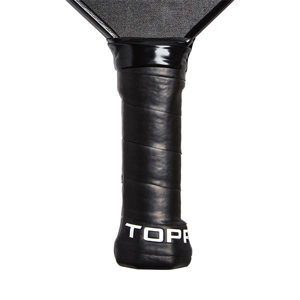 Bottom view of a black pickleball paddle grip with white TOPP branding.