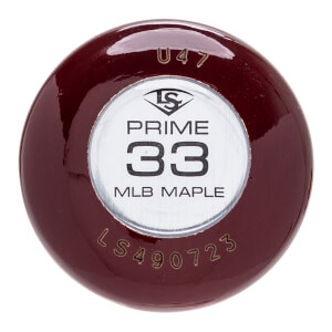 Top-down close-up of a maroon baseball bat end with a silver label showing PRIME 33 MLB MAPLE, stamped U47, and LS490723.