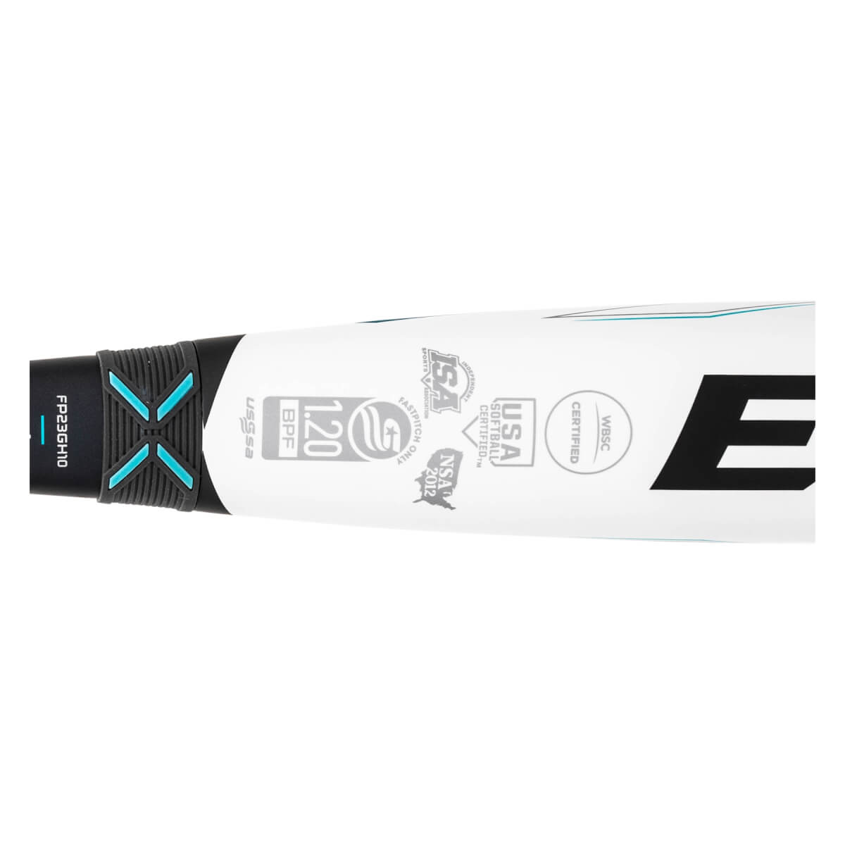 Close-up side view of a white softball bat with a black grip, blue X-accents, and certification stamps next to a large black E.