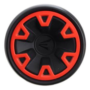Top-down view of a black baseball bat end cap with red accents and an Easton logo.