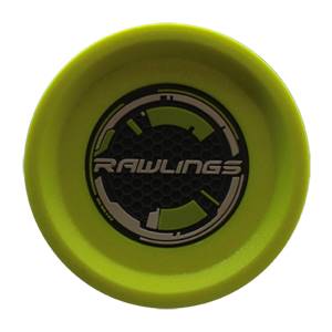 Top-down view of a lime green baseball bat with Rawlings logo and hexagonal pattern.