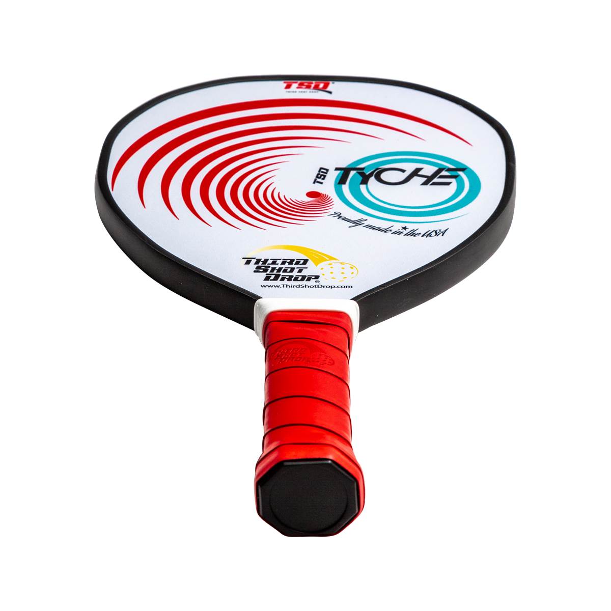 Front view of a white pickleball paddle with red swirl design, TYCHE logo, and red grip.