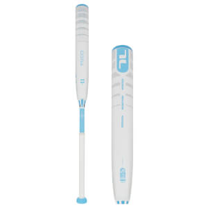 Multiple views of a white and light blue fastpitch softball bat, showing TUCCI, -11, and S 1.20 marks.