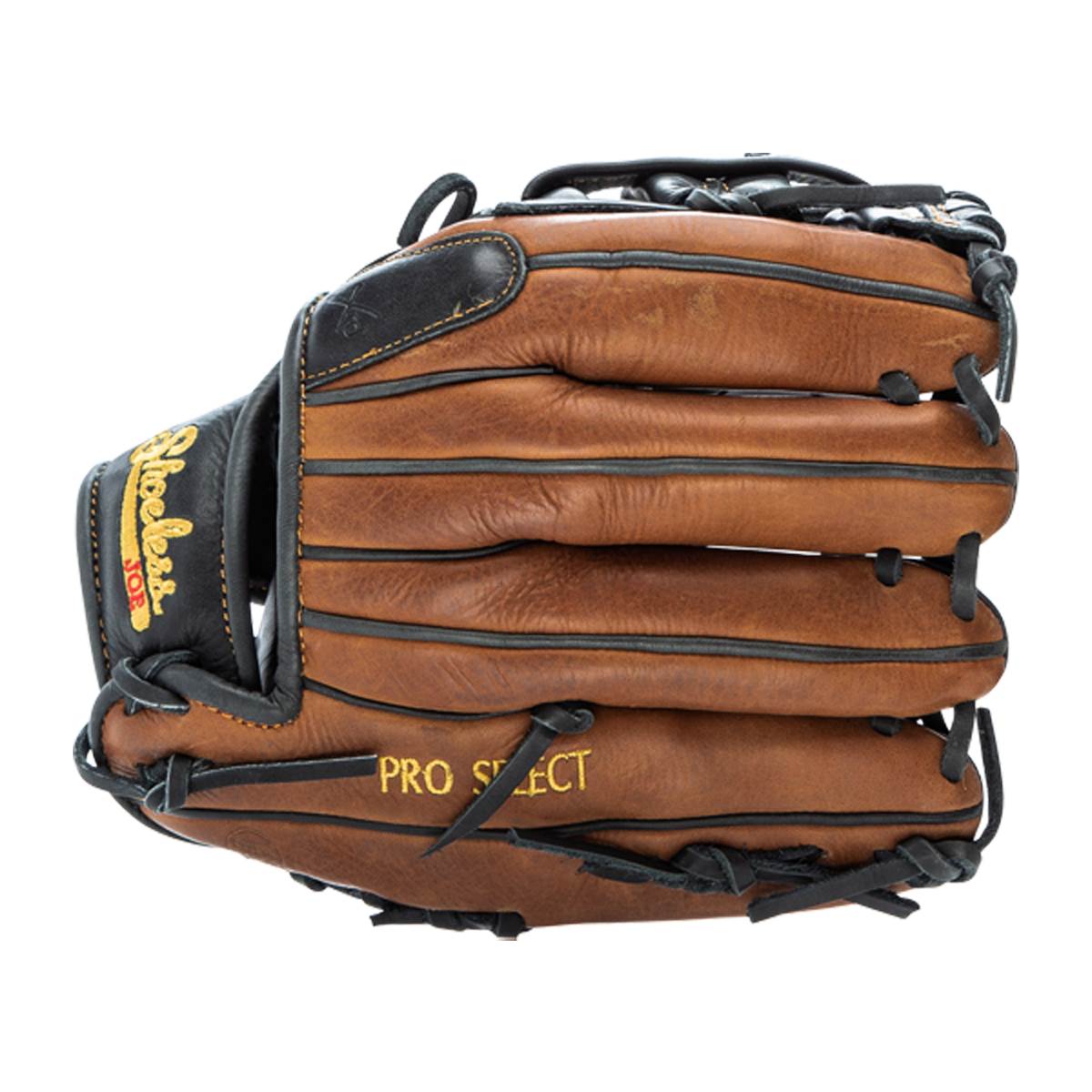 Side view of a brown baseball glove with Shoeless Joe and PRO SELECT branding.