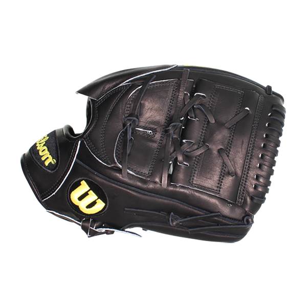 Side view of a black baseball glove with yellow Wilson branding and white stitching.