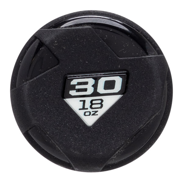 Close-up top-down view of a black textured bat end cap featuring an angular design and a central triangular badge with the numbers 30 and 18 OZ.
