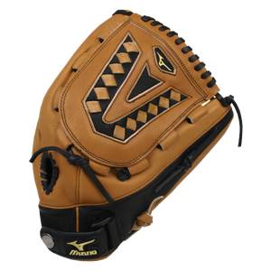 Side view of a tan and black baseball glove with a V design and Mizuno logo.