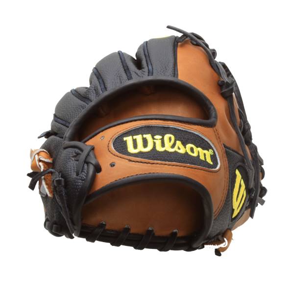 Front view of a brown and black baseball glove with a Wilson logo and yellow accents.