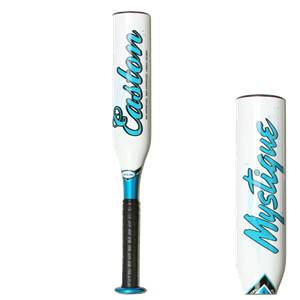 Front view of a white softball bat with blue Easton and Mystique text and a black grip.