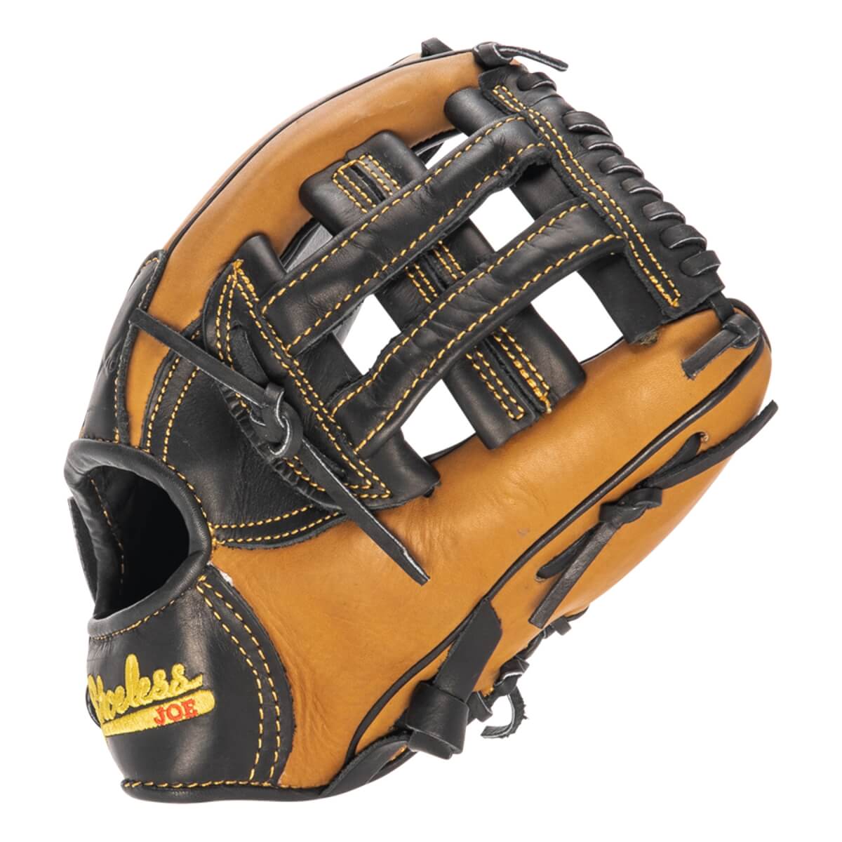 Side view of a tan and black baseball glove with yellow stitching and a Shoeless Joe logo.