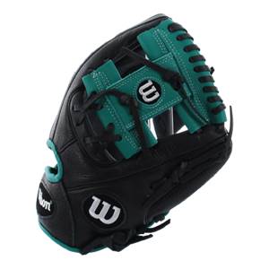 Top-down view of a black baseball glove with teal accents and white Wilson logos.
