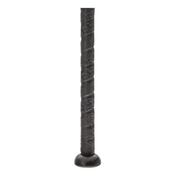 Close-up of a black baseball bat grip with a textured pattern and a rounded knob.