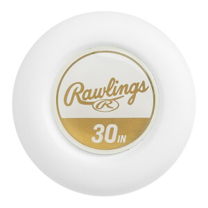 Top-down view of a white baseball bat end cap with a circular white and gold insert featuring the Rawlings logo and 30 IN text.
