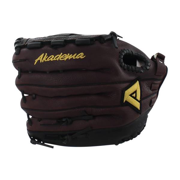 Front view of a brown baseball glove with Akadema in gold script and a yellow A logo.