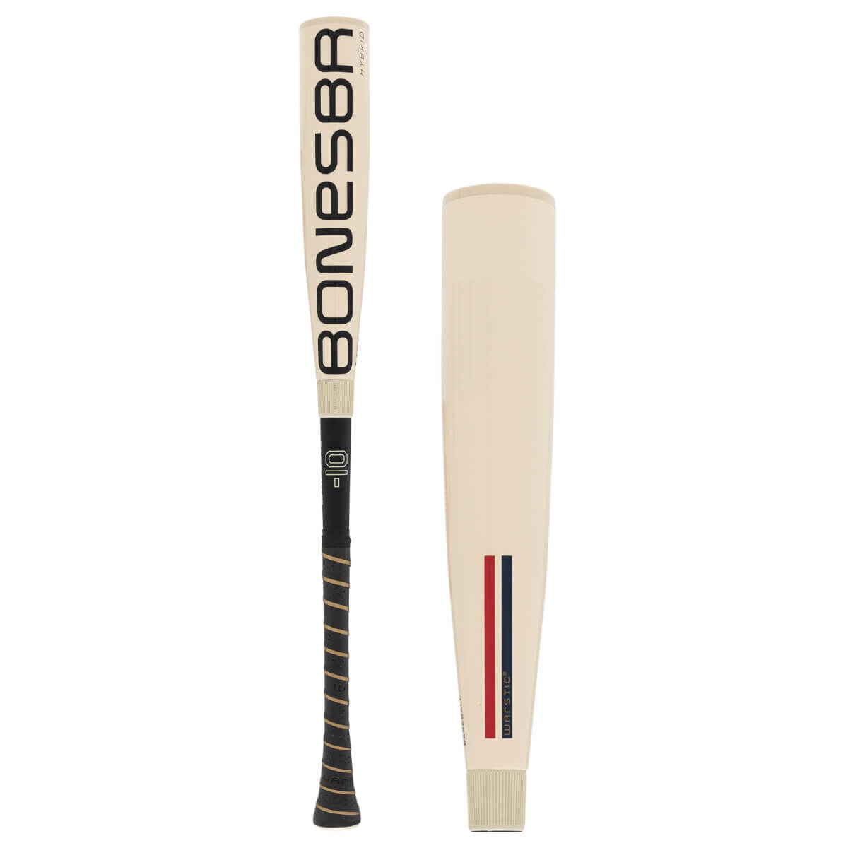 Front and back view of a cream baseball bat with BONESABR text, black grip, and red/blue stripes.