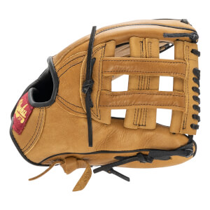 Angled side view of a tan baseball glove with a basket-style web, black lacing, and a red Shoeless Joe patch.