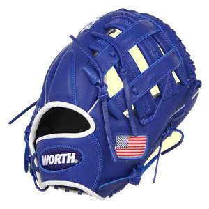 Front view of a royal blue baseball glove with a white lining, WORTH logo, and American flag patch.