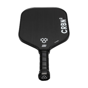 Top-down view of a black pickleball paddle with CRBN² branding, a honeycomb logo, and 13 mm text.