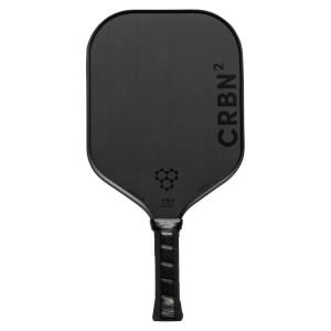 Front view of a black CRBN² pickleball paddle with CRBN² text, a honeycomb logo, and USA text.