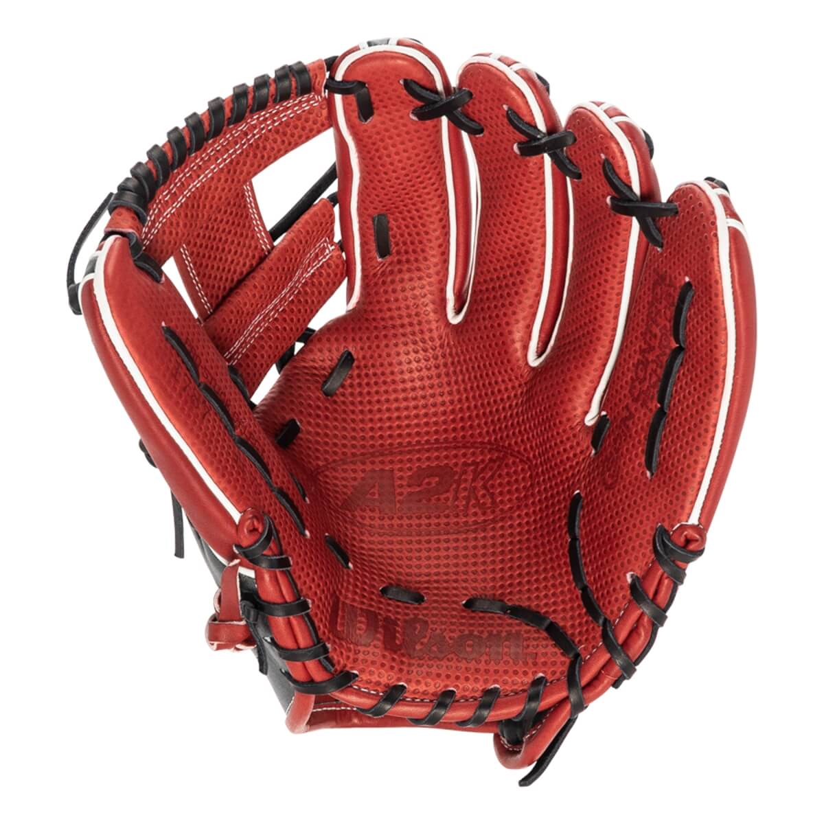 Palm view of a red baseball glove with black lacing and white trim, showing A2K and Wilson branding.