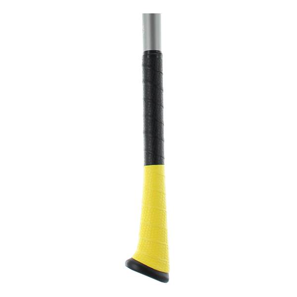 Close-up of a silver baseball bat with black and yellow textured grips.