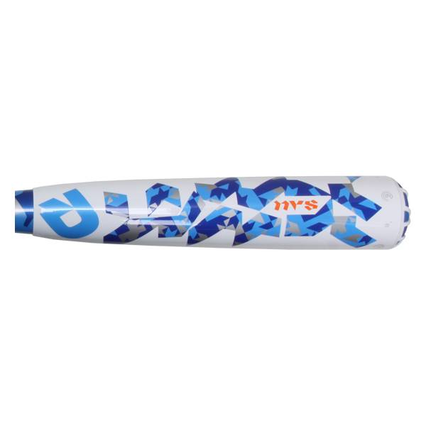 Side view of a white baseball bat with blue geometric patterns and NVS branding.