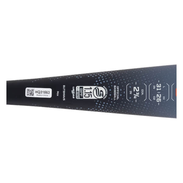 Close-up side view of a black baseball bat with white USSSA 1.15 BPF certification, length/weight specs, and a QR code.