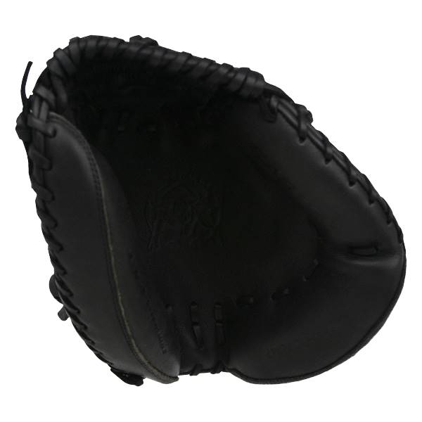 Top-down view of a black catchers mitt with a braided edge and embossed logo.