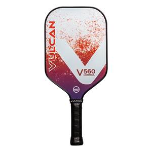 Front view of a white and purple pickleball paddle with VULCAN and V560 CONTROL text.