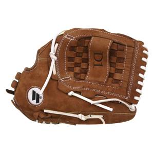 Side view of a brown baseball glove with white stitching, a checkered web, and D1 text.