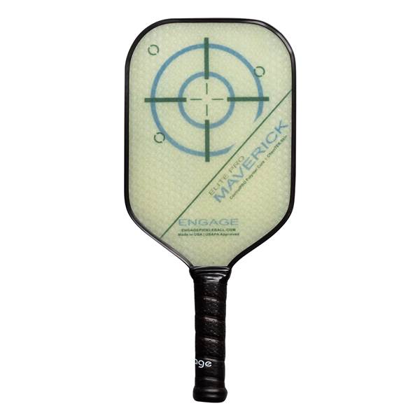 Front view of a light green pickleball paddle with a target design, Maverick text, and textured grip.