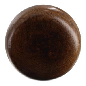Top-down view of a dark brown wood baseball bat knob with visible wood grain.
