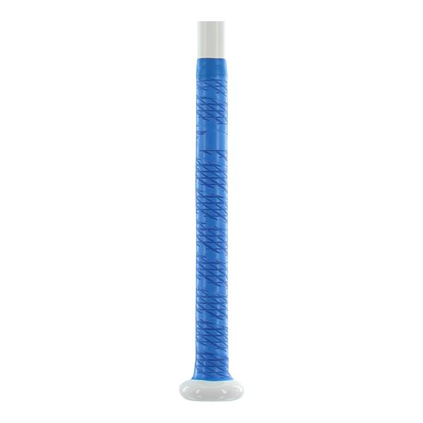 Close-up of a blue fastpitch softball bat grip with a white end cap and white top.