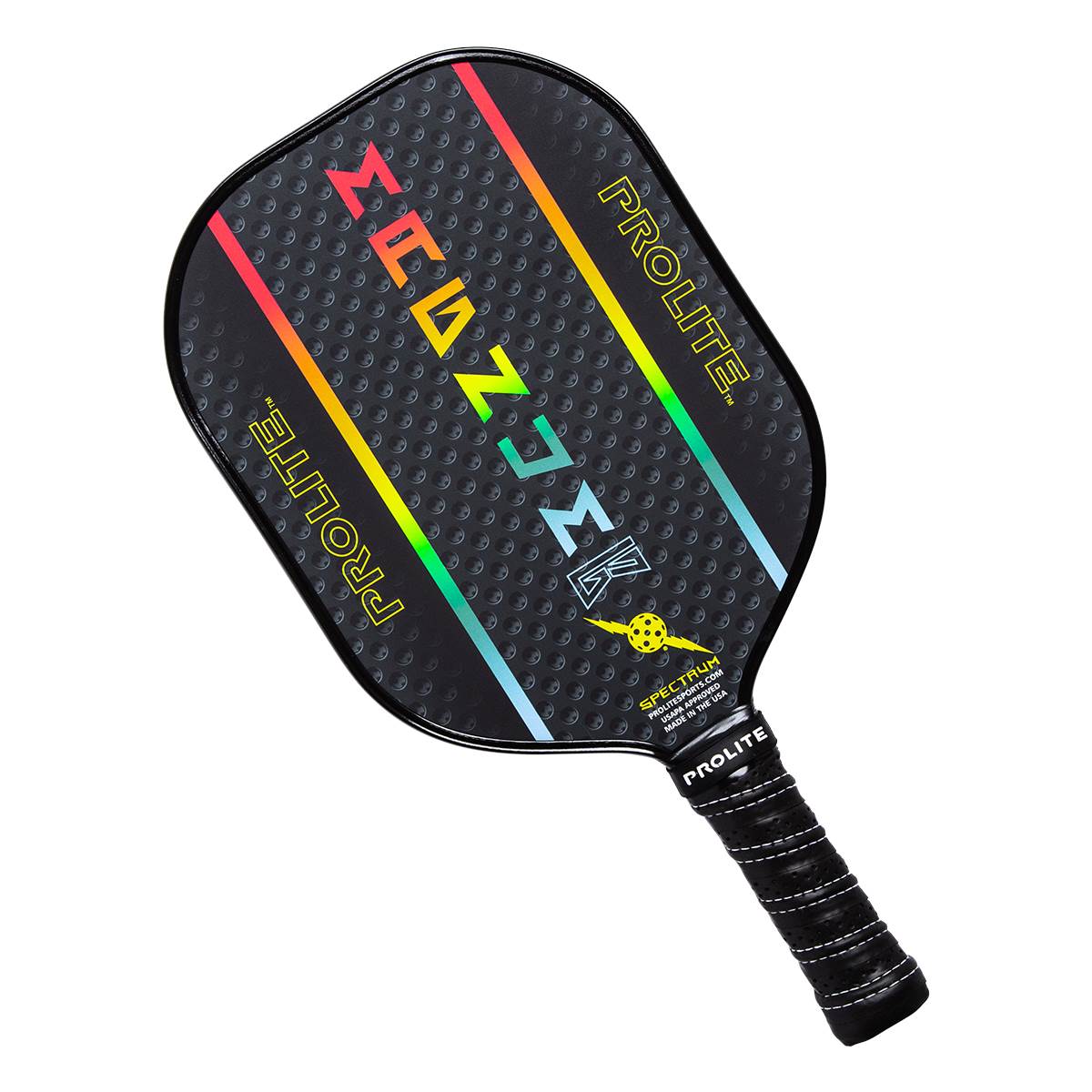 Top-down view of a black pickleball paddle with rainbow stripes, MAGNUM text, and PROLITE branding.