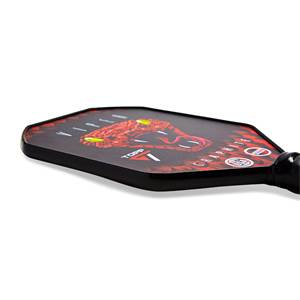 Side view of a black pickleball paddle with a red viper graphic, TOPP text, and GRAPHITE text.