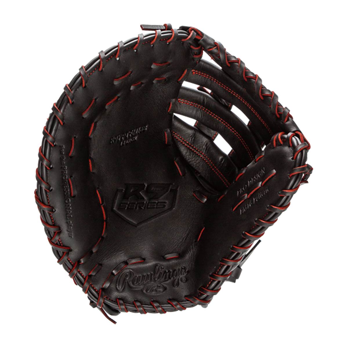 Top-down view of a black first base mitt with red stitching, R9 Series logo, and Rawlings branding.