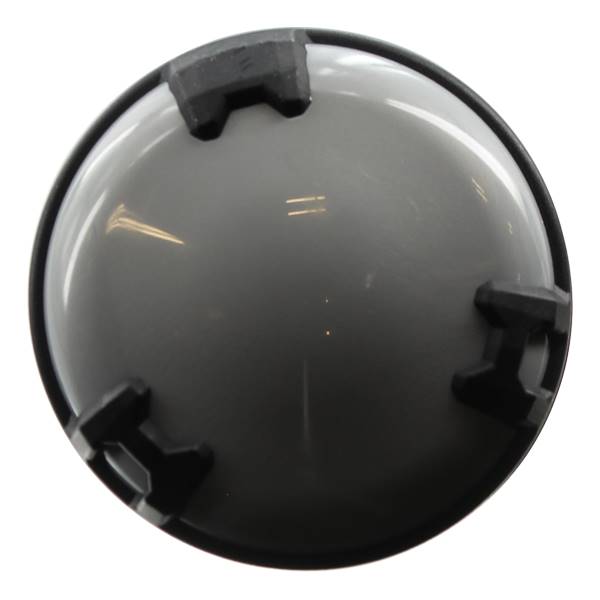 Top-down view of a gray baseball bat end with black plastic inserts.