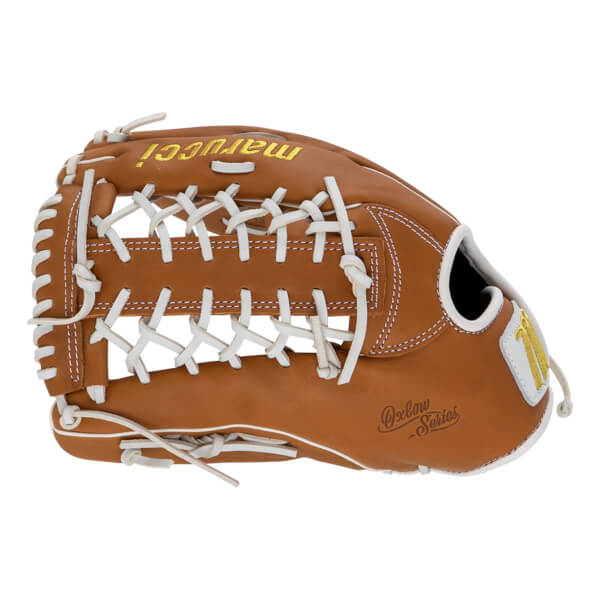 Back view of a brown leather Marucci Oxbow Series baseball glove featuring white laces and gold embroidered branding.
