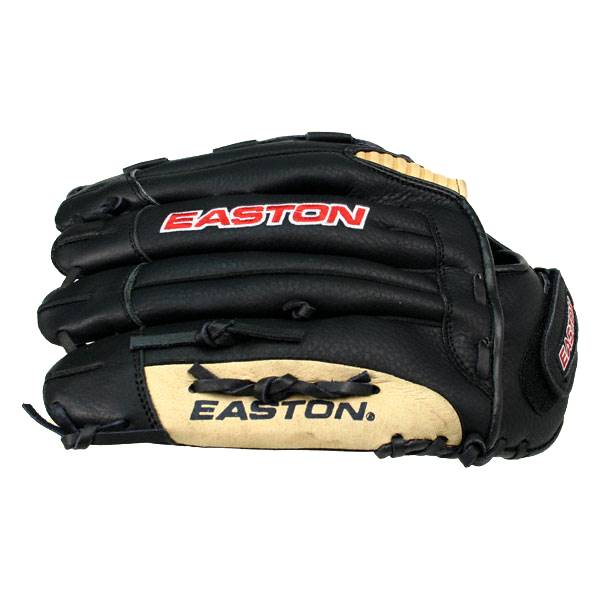 Side view of a black Easton glove with tan palm and red Easton logo.