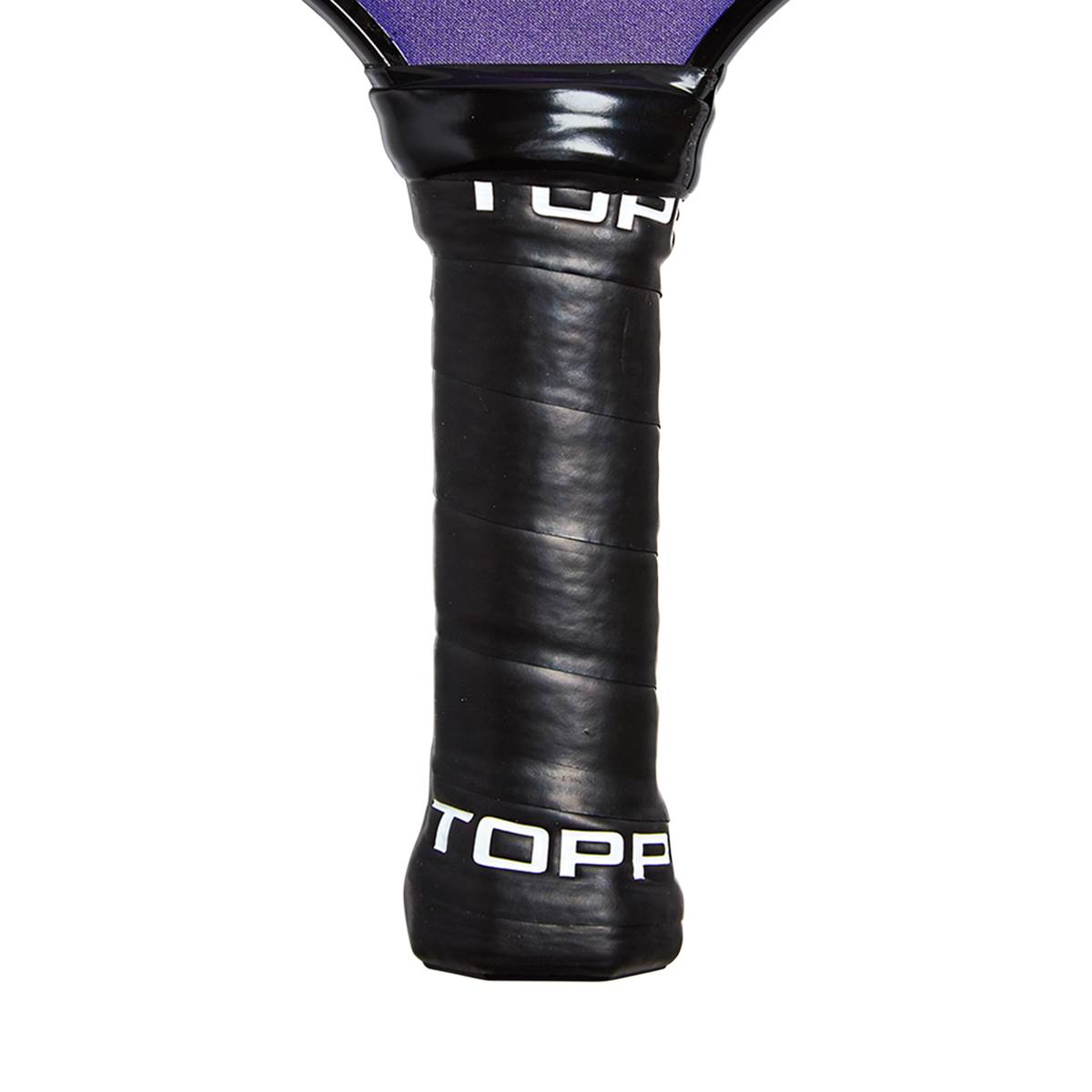 Close-up of a black pickleball paddle grip with white TOPP text and a purple top edge.