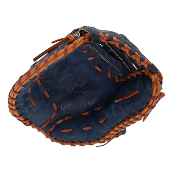 Top-down view of a navy baseball mitt with tan lacing and Rawlings branding.