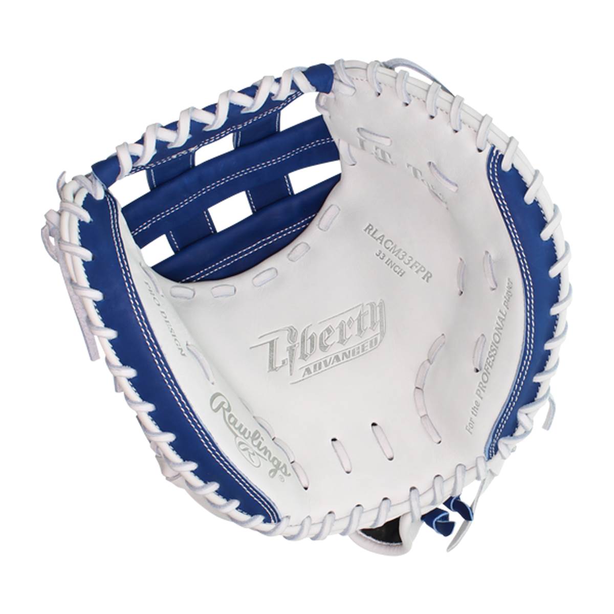 Interior view of a white and blue catchers mitt with Liberty Advanced and Rawlings branding.
