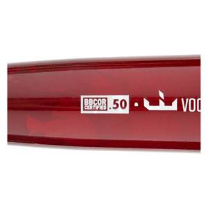 Close-up of a red baseball bat with BBCOR CERTIFIED .50 and VOO visible.