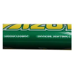 Side view of a green and yellow slow pitch softball bat with USSSA 1.20BPF and OFFICIAL SOFTBALL text.