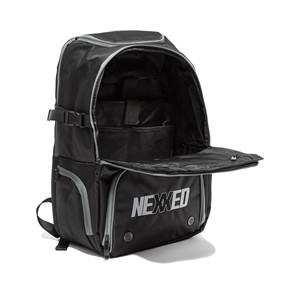 Front view of a black Nexxed pickleball backpack with an open main compartment and a zippered front pocket.