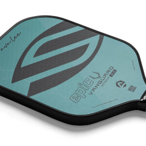 Corner view of a teal pickleball paddle with a large grey V-shaped graphic, epic VANGUARD 2.0 text, and ava lee signature.
