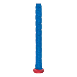 Close-up view of the bat handle featuring a textured blue perforated grip and a rounded red knob at the bottom.